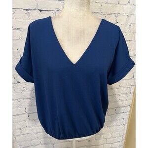 Melloday Royal Blue Short Sleeve Elastic Waist V-neck Blouse Size Medium
